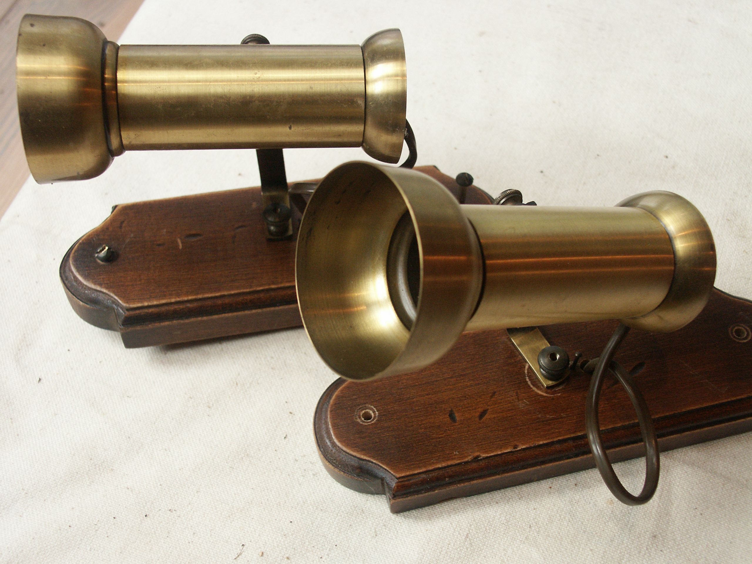 Pair of brass spots and wooden base year 70