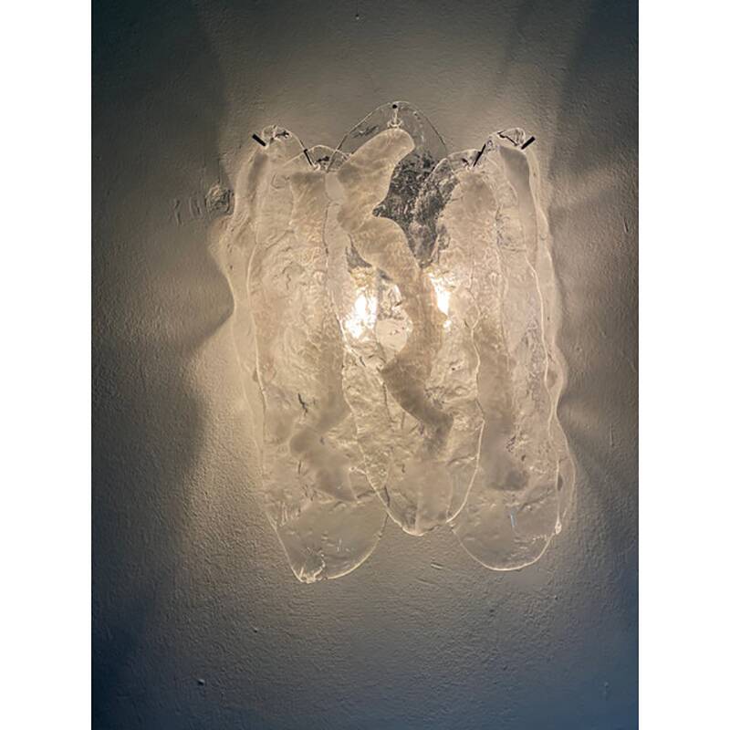 Set of Two Transparent and White “Fiamma” Murano Glass Wall Sconces