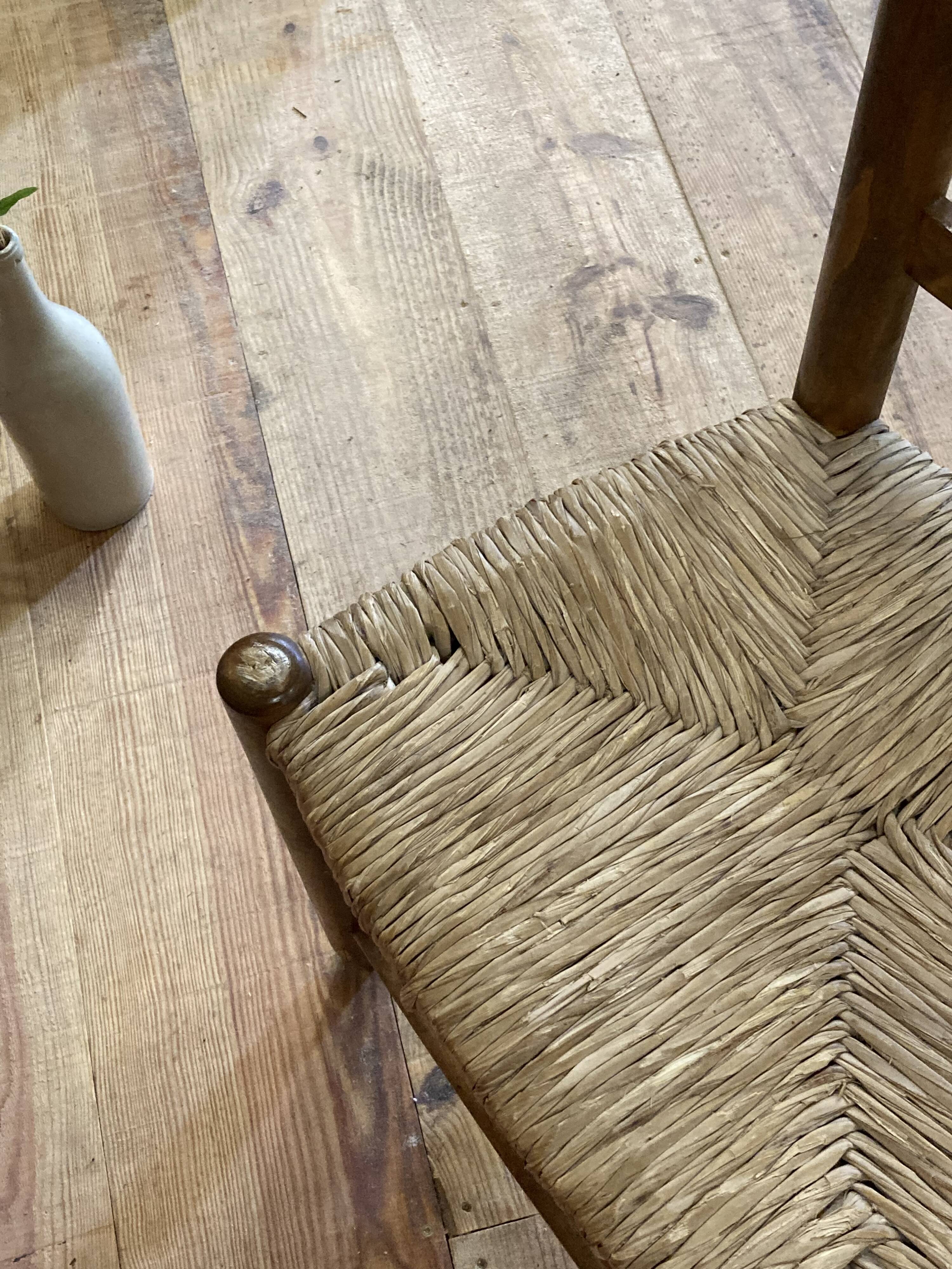 Pair of rustic-style vintage straw wood brutalist chairs