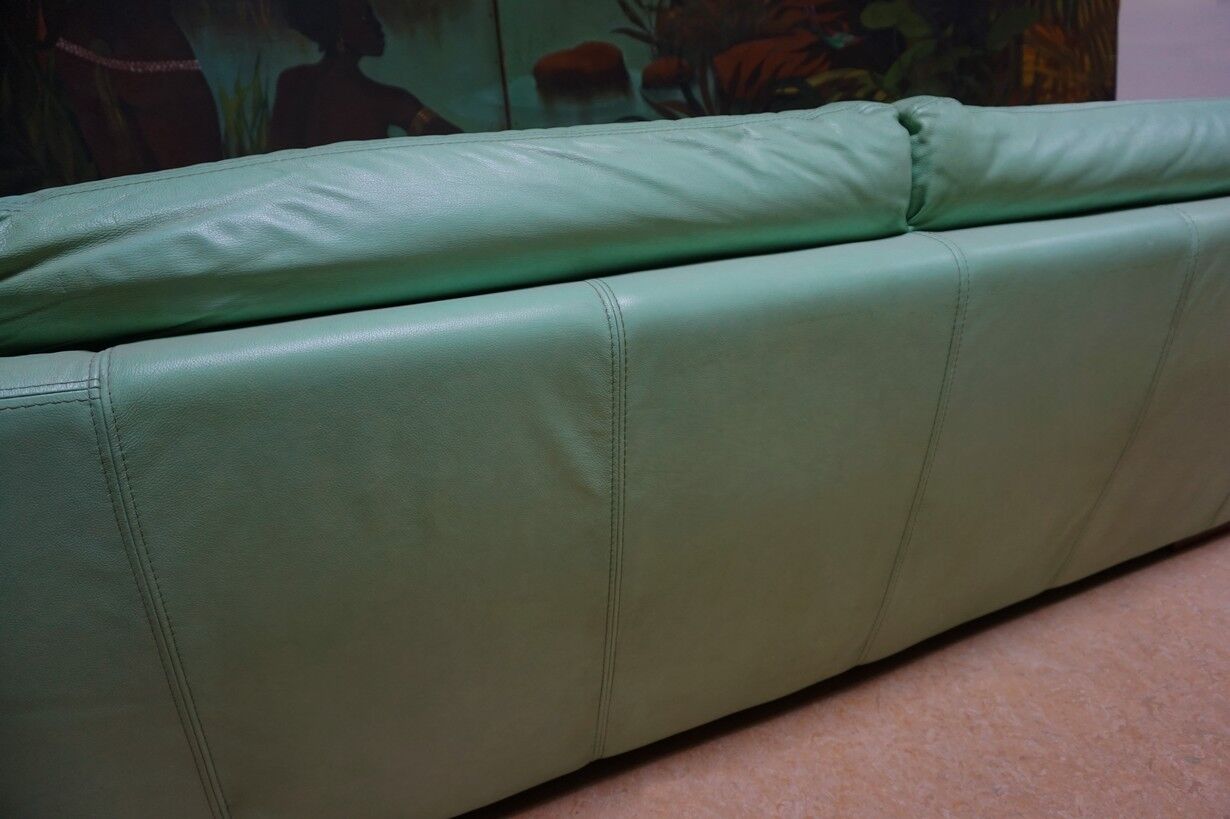 Vintage mint green leather sofa, 3-seater, 1970s