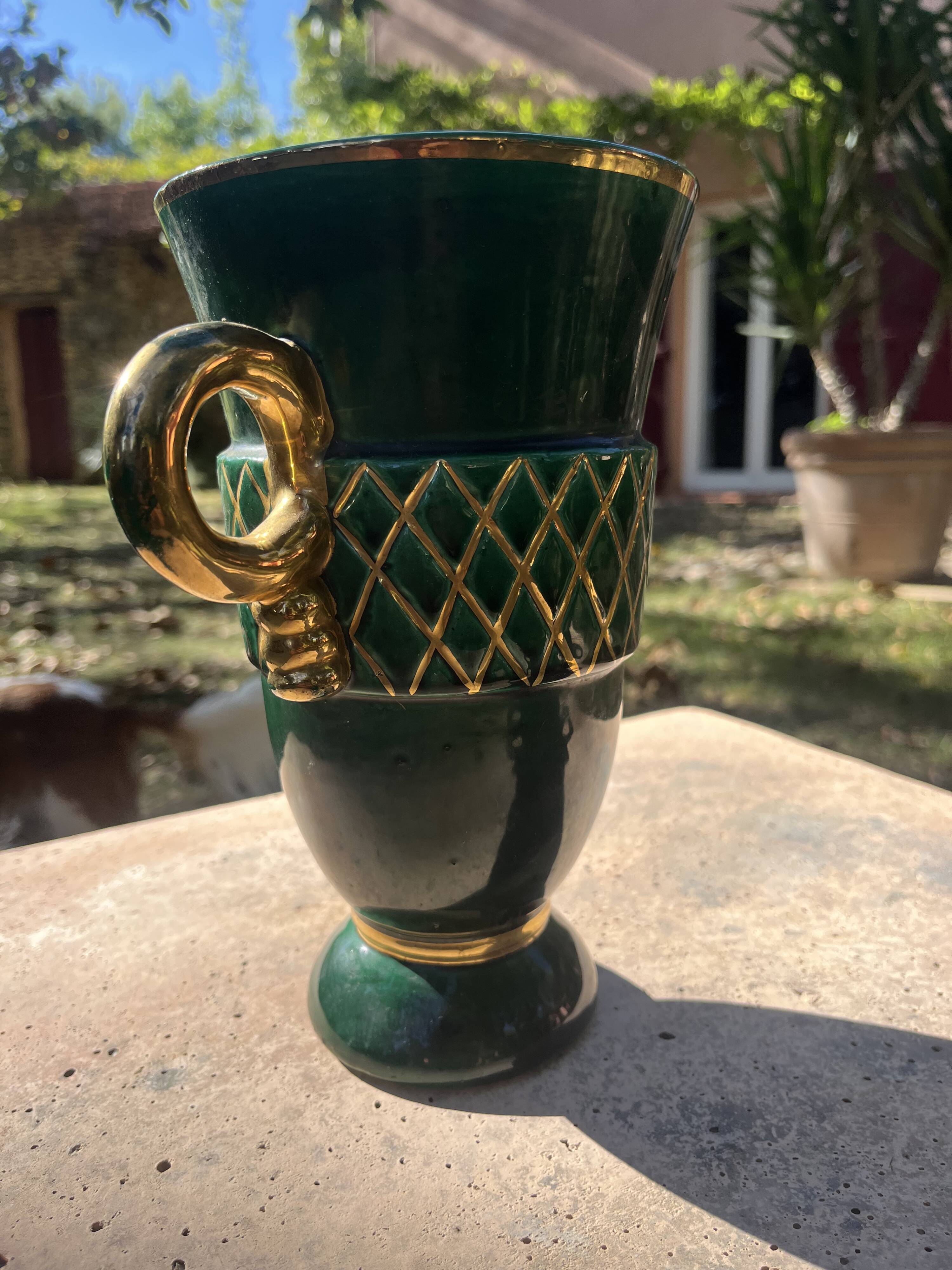 White Letalle vase for Saint Clément - model 4212 in green and gold.
