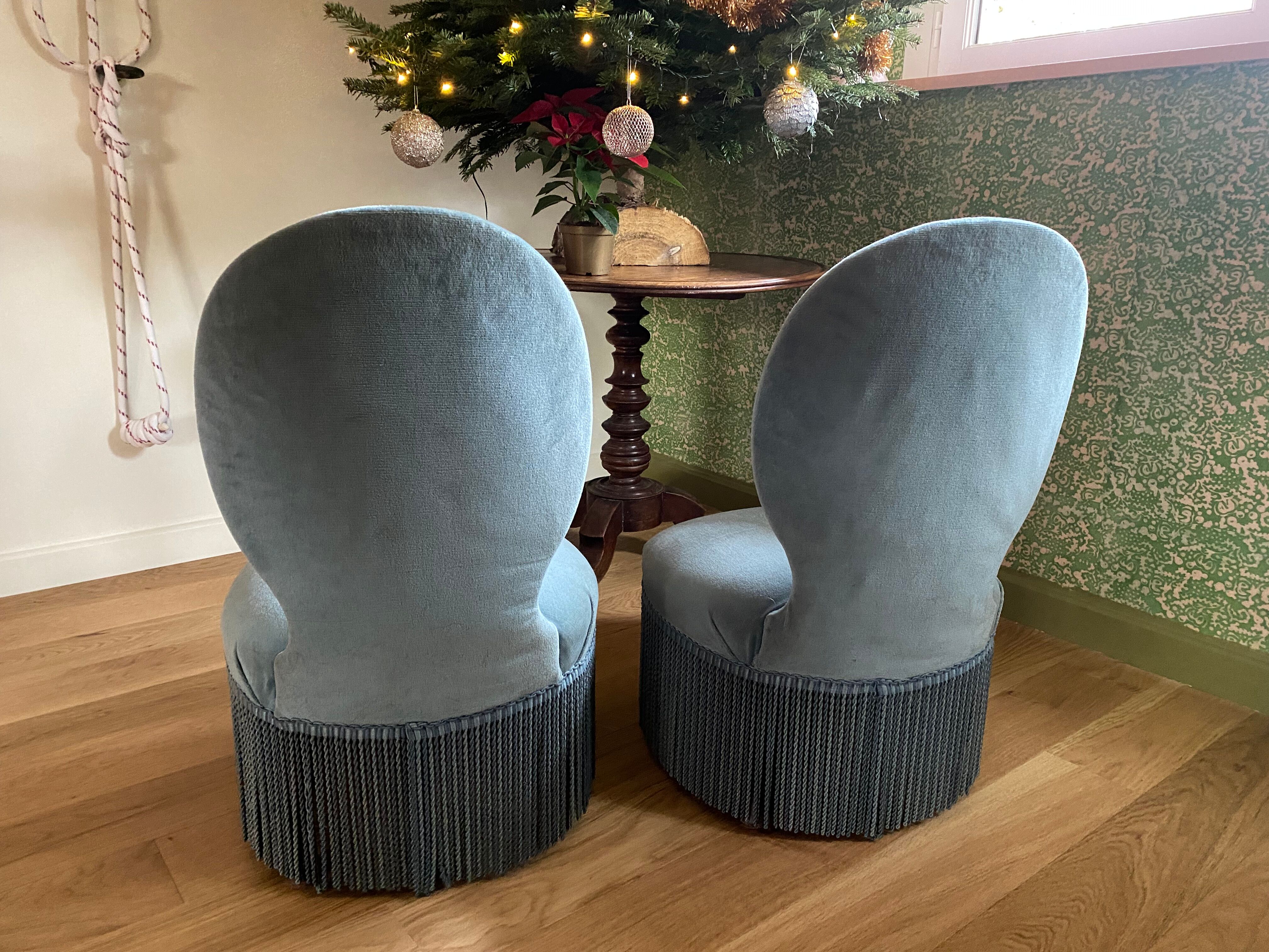 Pair of blue velvet toad armchairs