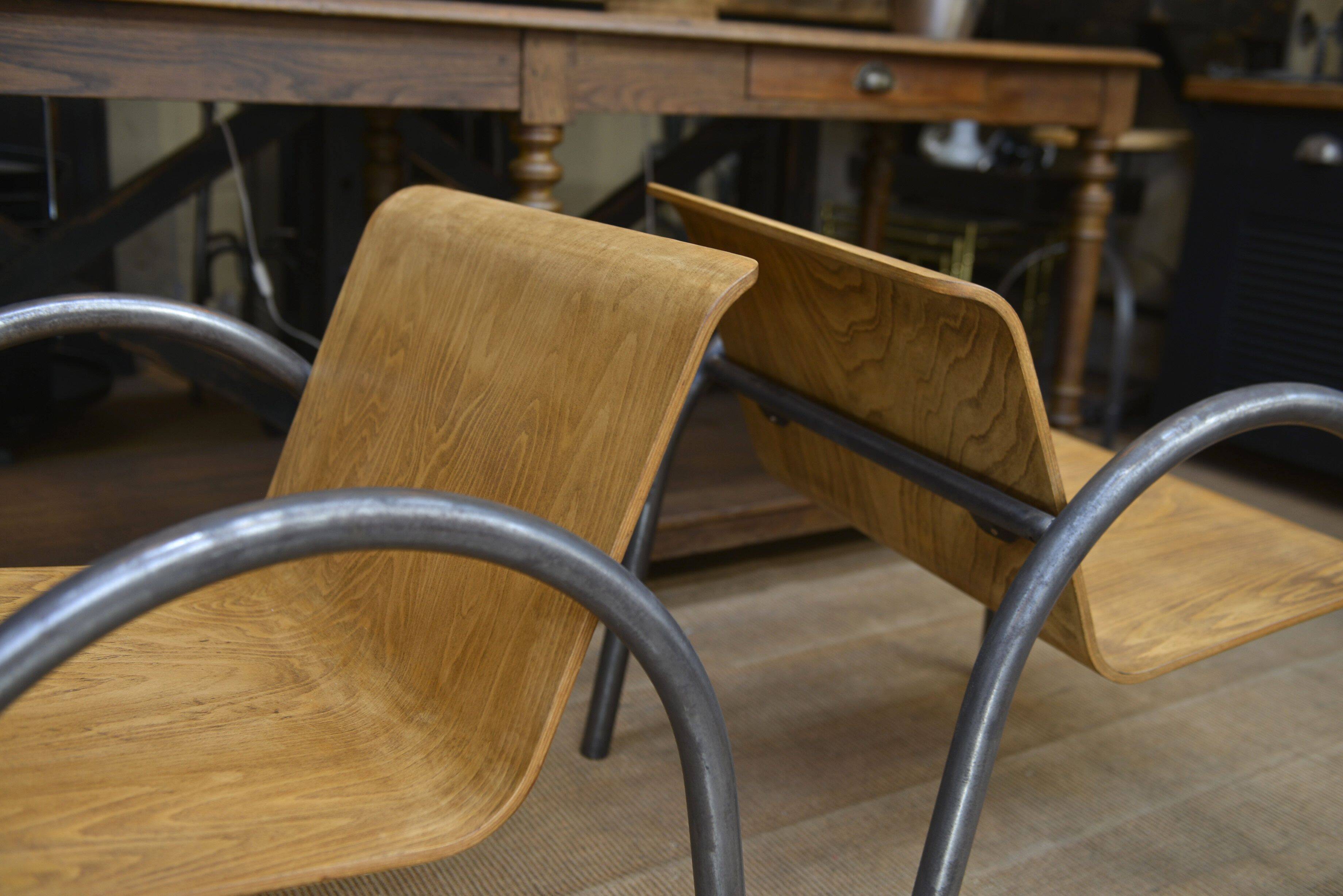 Pair of Vintage Design Armchairs in Metal and Wood, 1950s