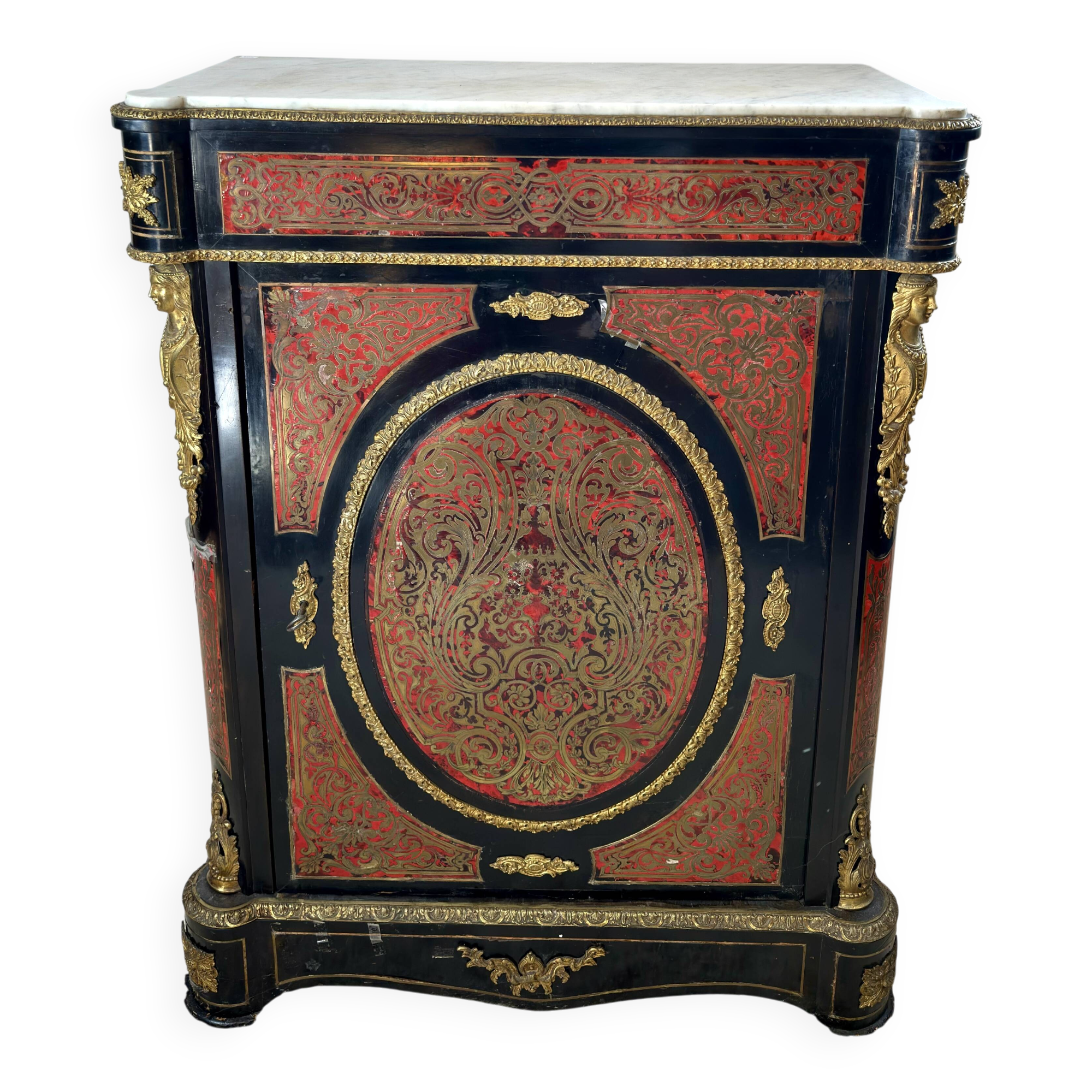 Meuble d’appui Napoléon III en marqueterie Boulle, bronze et marbre