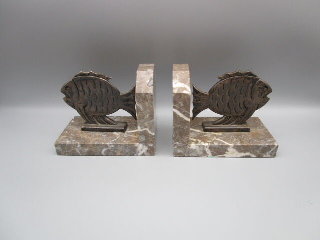 Pair of antique art-deco bookends, fish décor