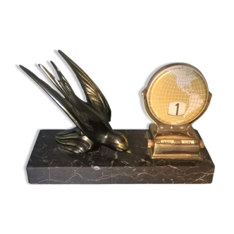 Perpetual calendar swallow in patinated regulation on black marble base ~ 50s