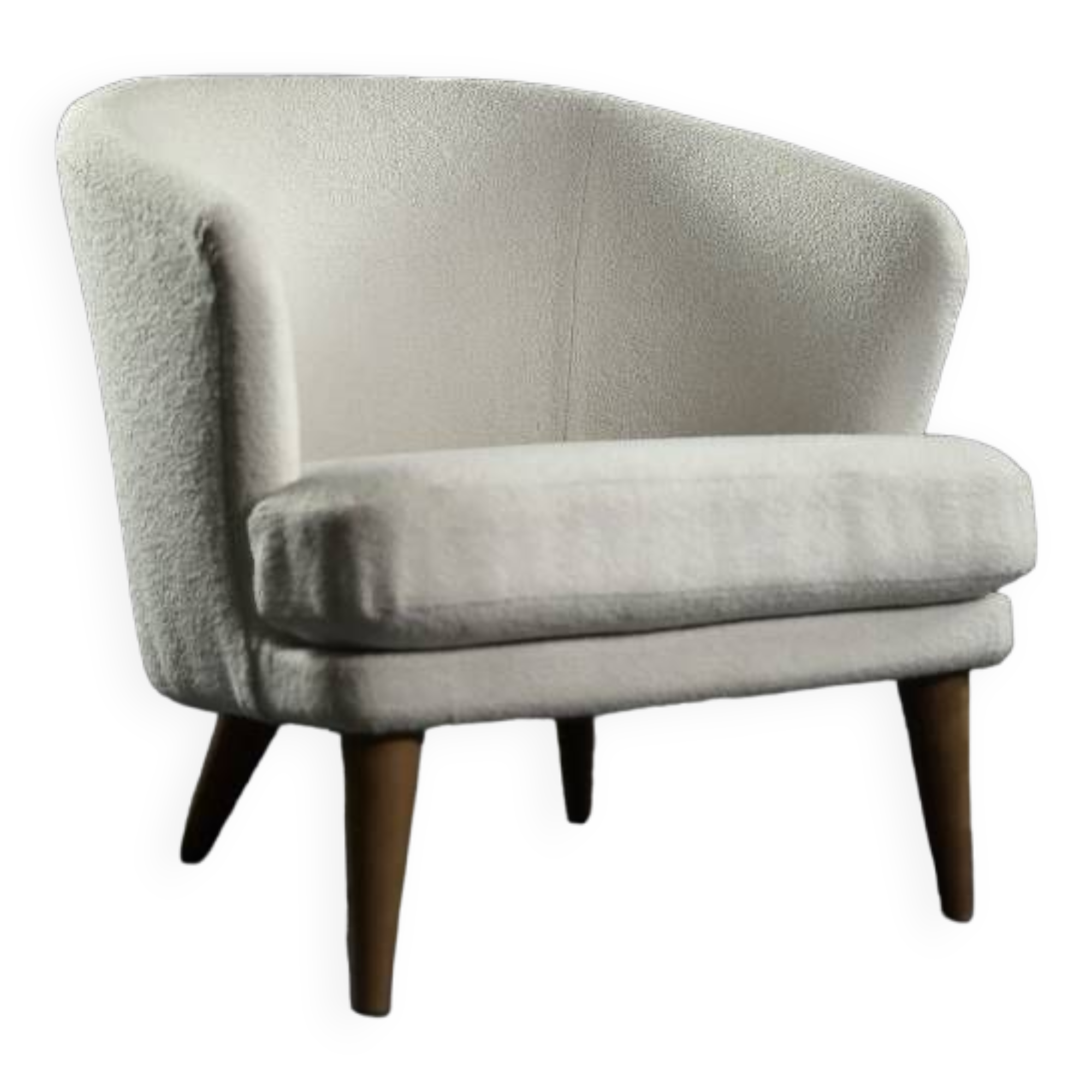 Low oak armchair with modern mid-century Scandinavian fabric and rounded backrest, 1960s.