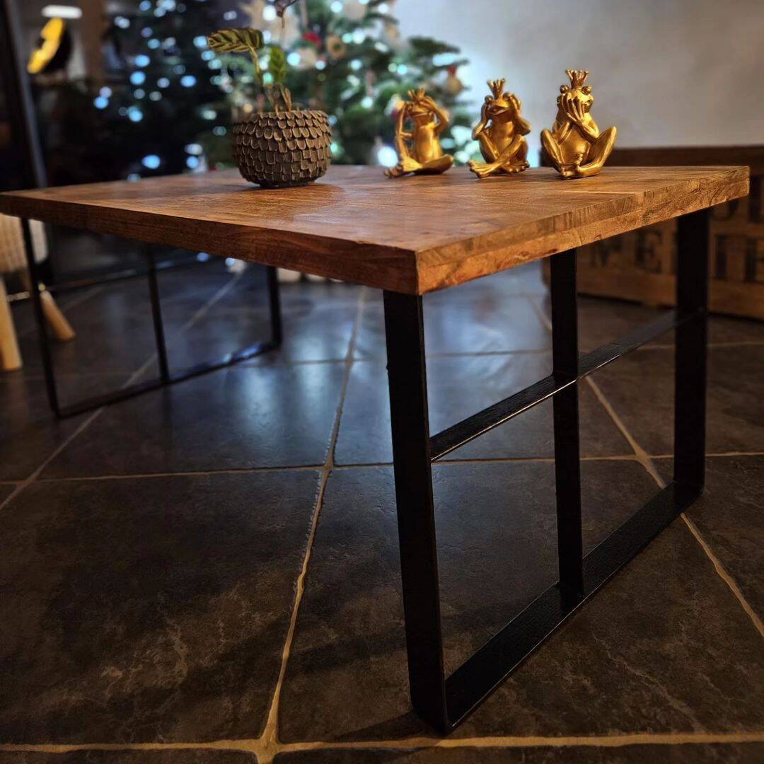 Handcrafted coffee table in exotic wood & folded steel - industrial