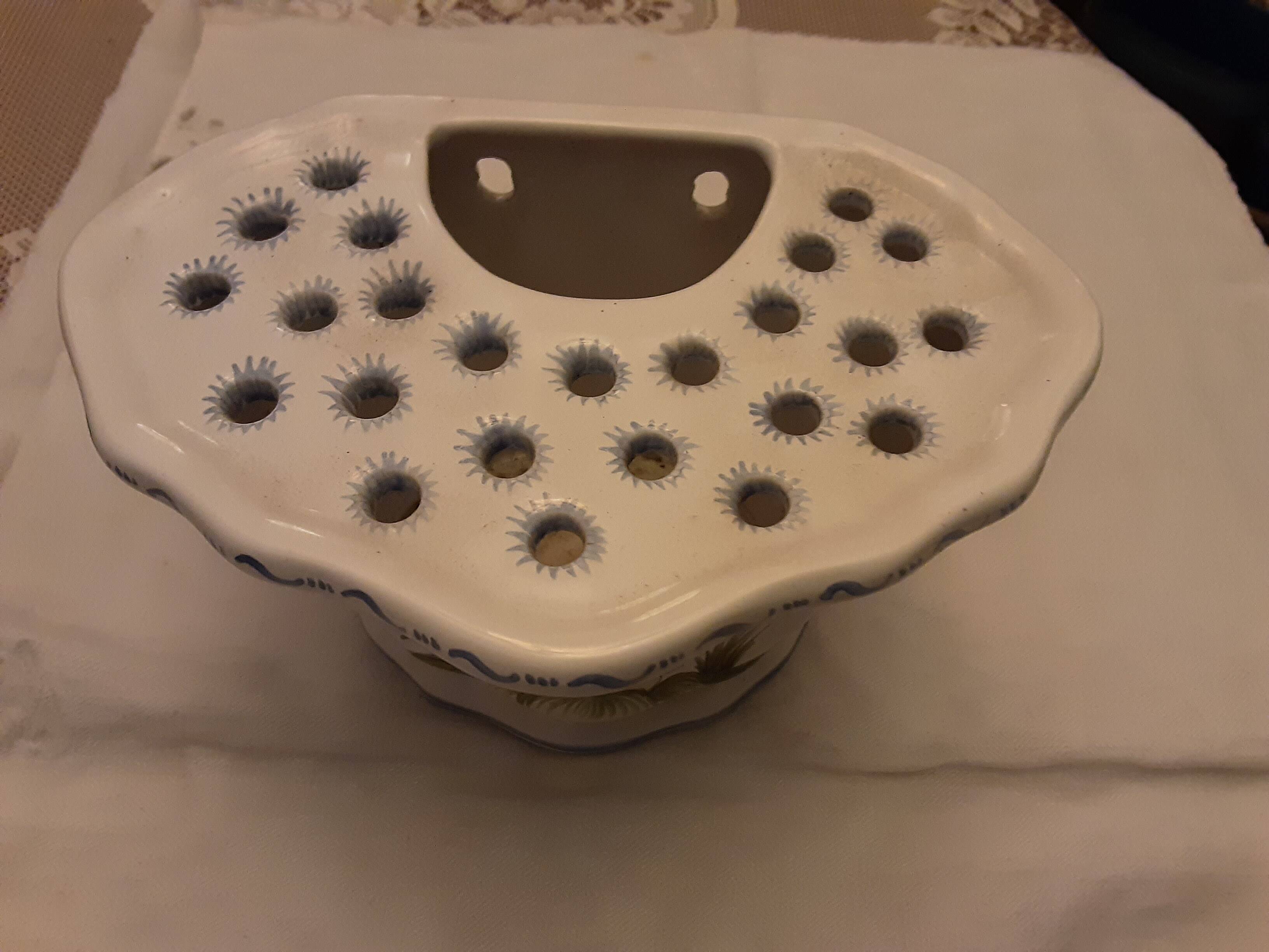 Handmade signed moustier pottery bouquet holder