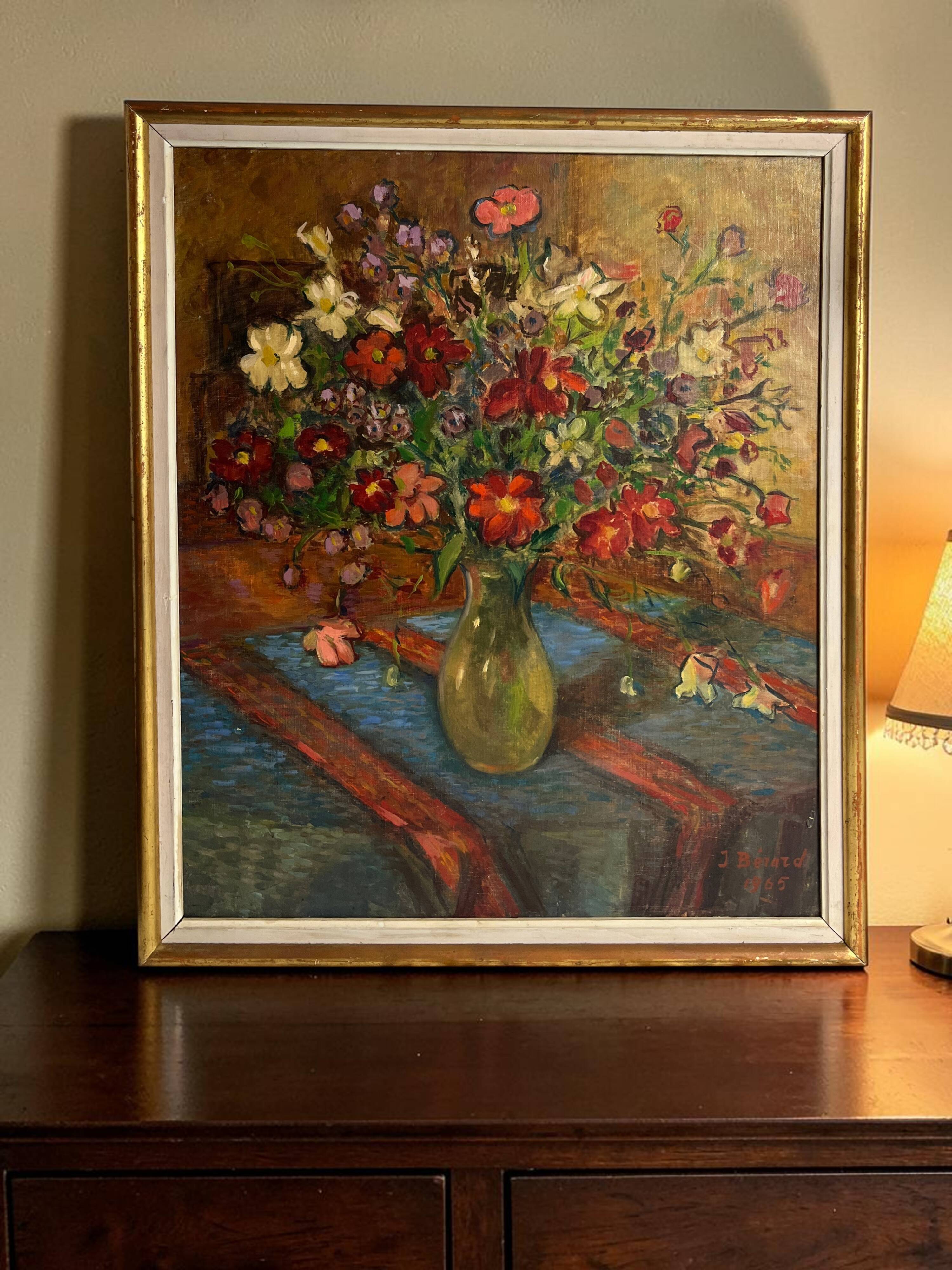Oil on canvas still life with a red bouquet signed Bérard 20th century.