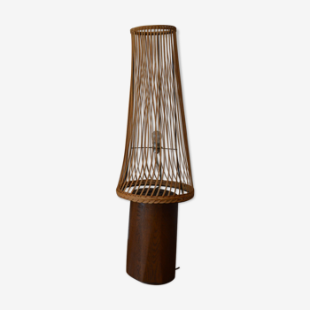 Lampe en bois et rotin brutaliste 1950