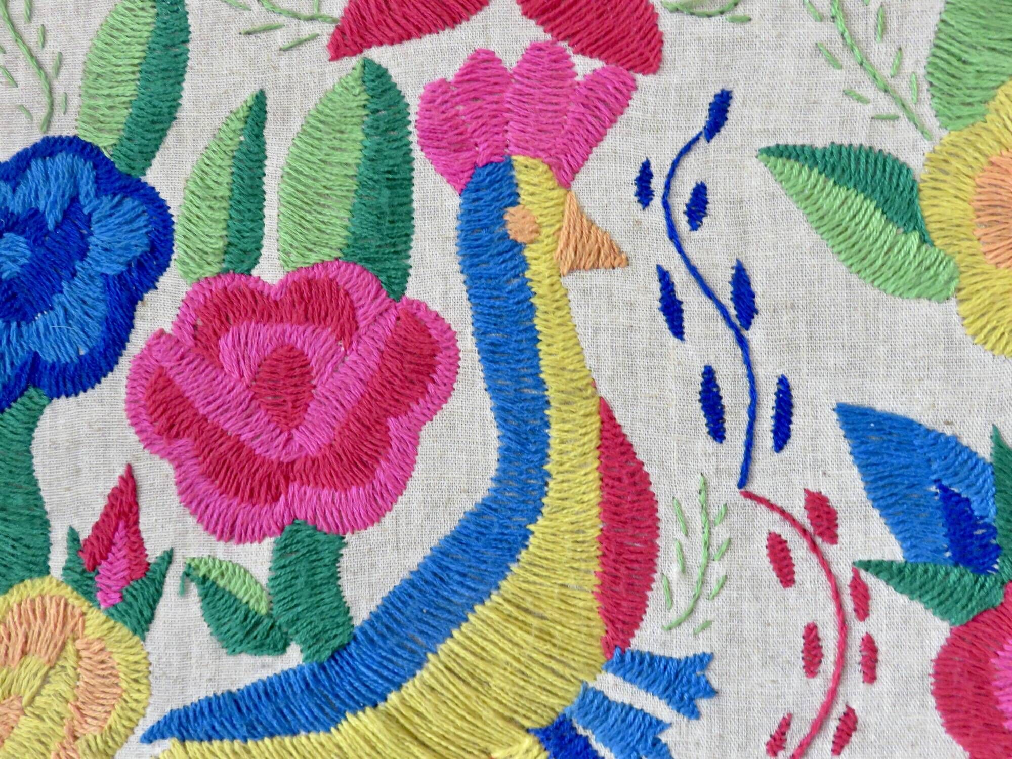 Large Mexican tapestry OTOMI TENANGO, colourful flowers and birds, 1970