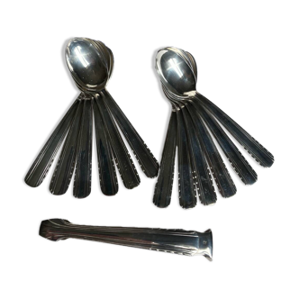 Art Deco silver-plated small spoons and sugar tongs