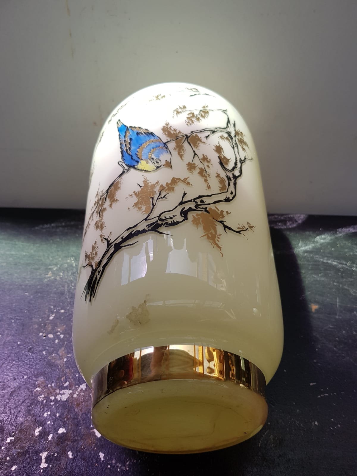 Old creamy white opaline vase with birds decor & vintage gilding