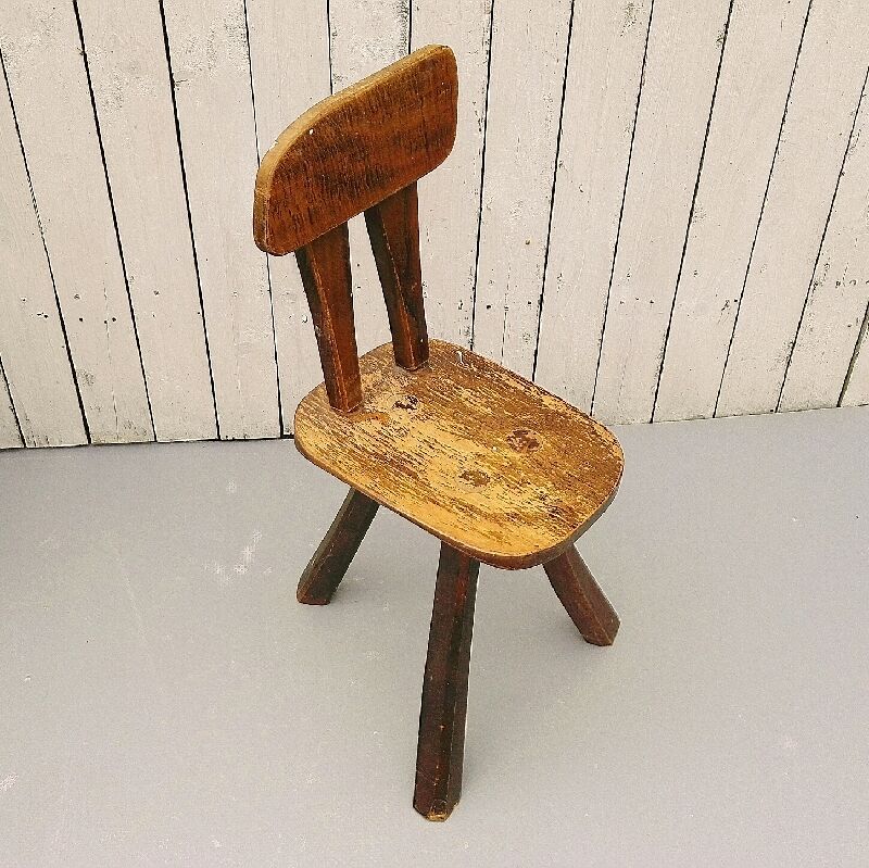 Vintage brutalist wooden tripod chair