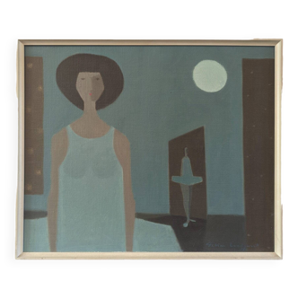 Mid-Century Fabian Lundqvist Modernist Figurative Oil Painting, Framed "Ballerinas by Moonlight"