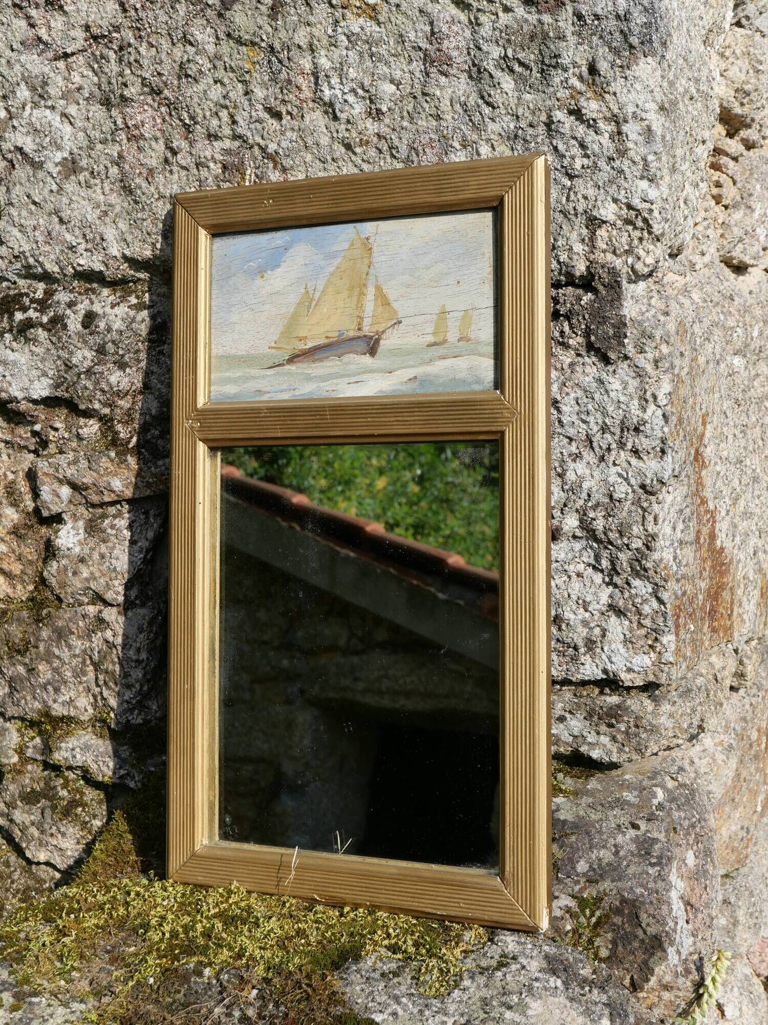 Mirror trumeau sailboat oil painting on wood