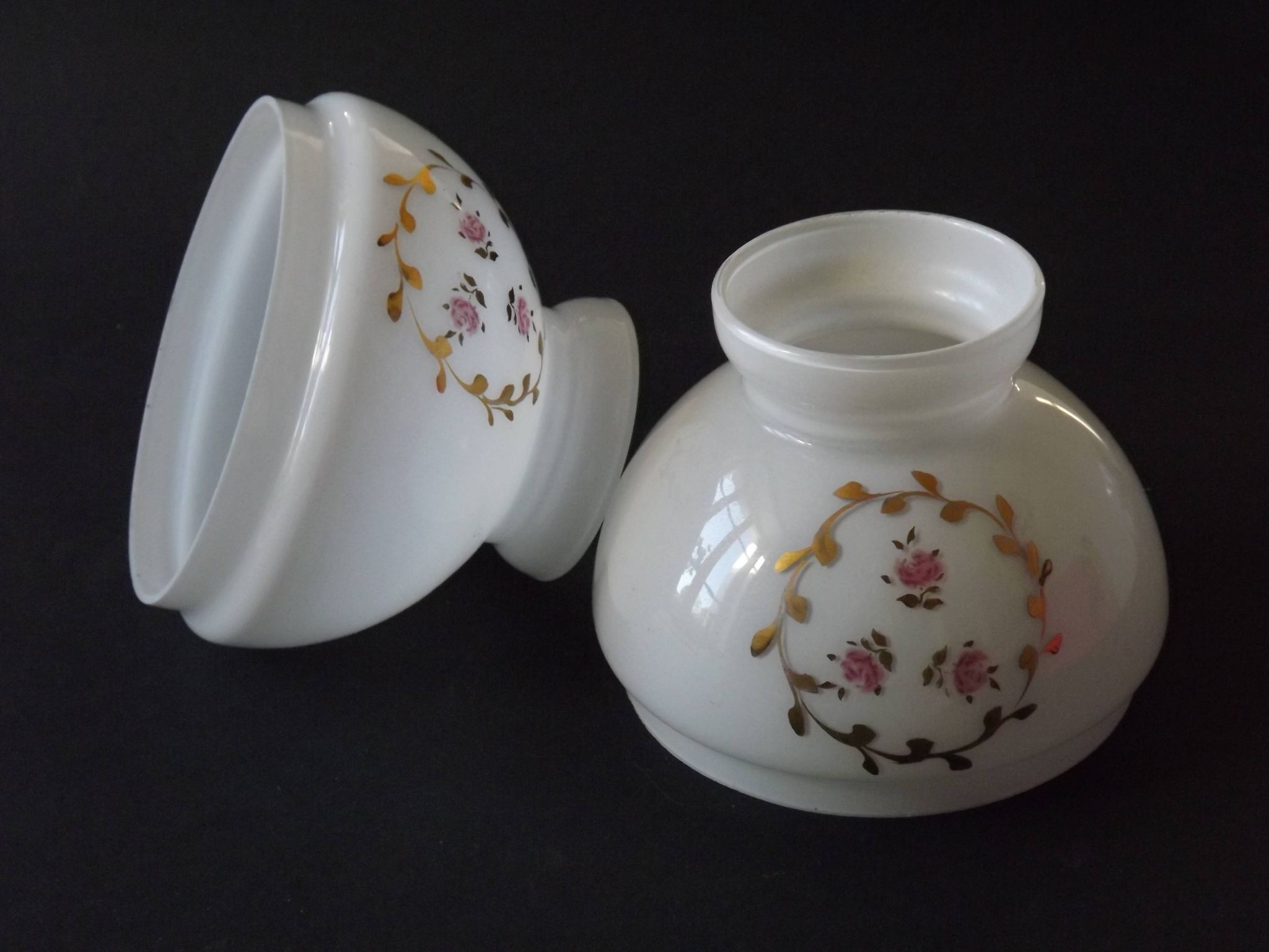 Pair of Vintage White Milk Glass Lamp Shades With Pink Roses & Gold Foliage
