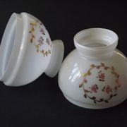 Pair of Vintage White Milk Glass Lamp Shades With Pink Roses & Gold Foliage