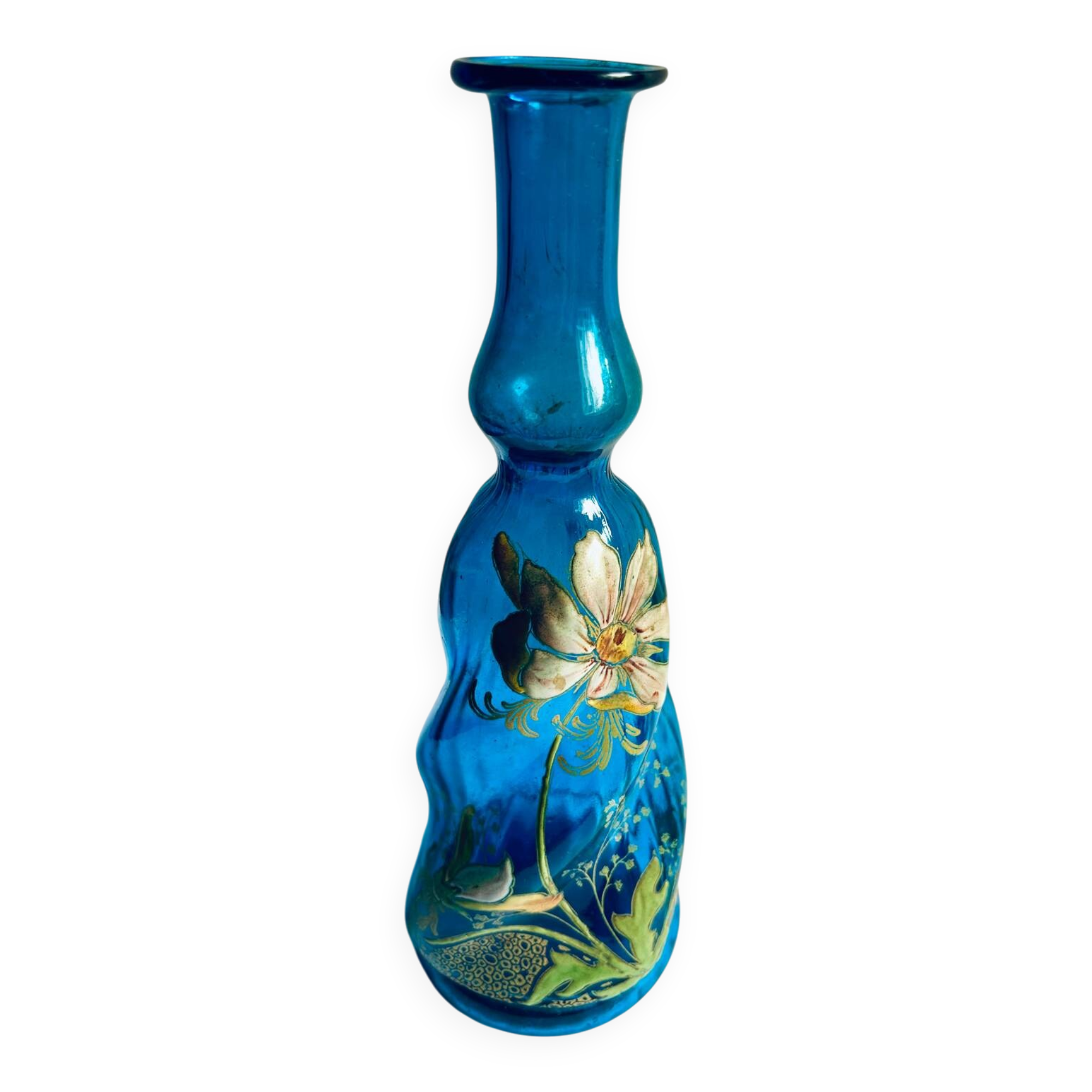 Carafe en verre bleu turc et émaillé, par Théodore Legras, XIXe.