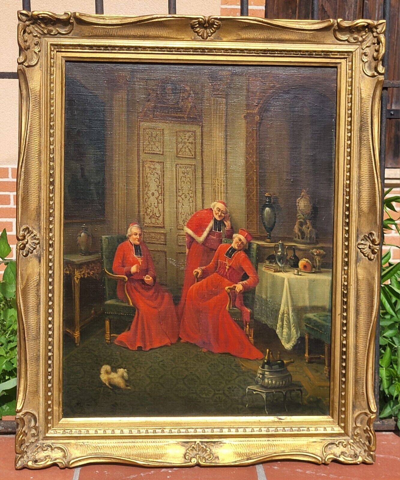 Signed Antique French Oil Painting – Cardinals in Luxurious Setting, 19th C