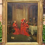 Tableau à l'huile ancien signé – Cardinaux dans un cadre luxueux, XIXe siècle