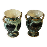 Paire de vases Vallauris en céramique turquoise et noire rehaussée d’o