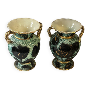 Pair of Vallauris vases in turquoise and black ceramic enhanced with o
