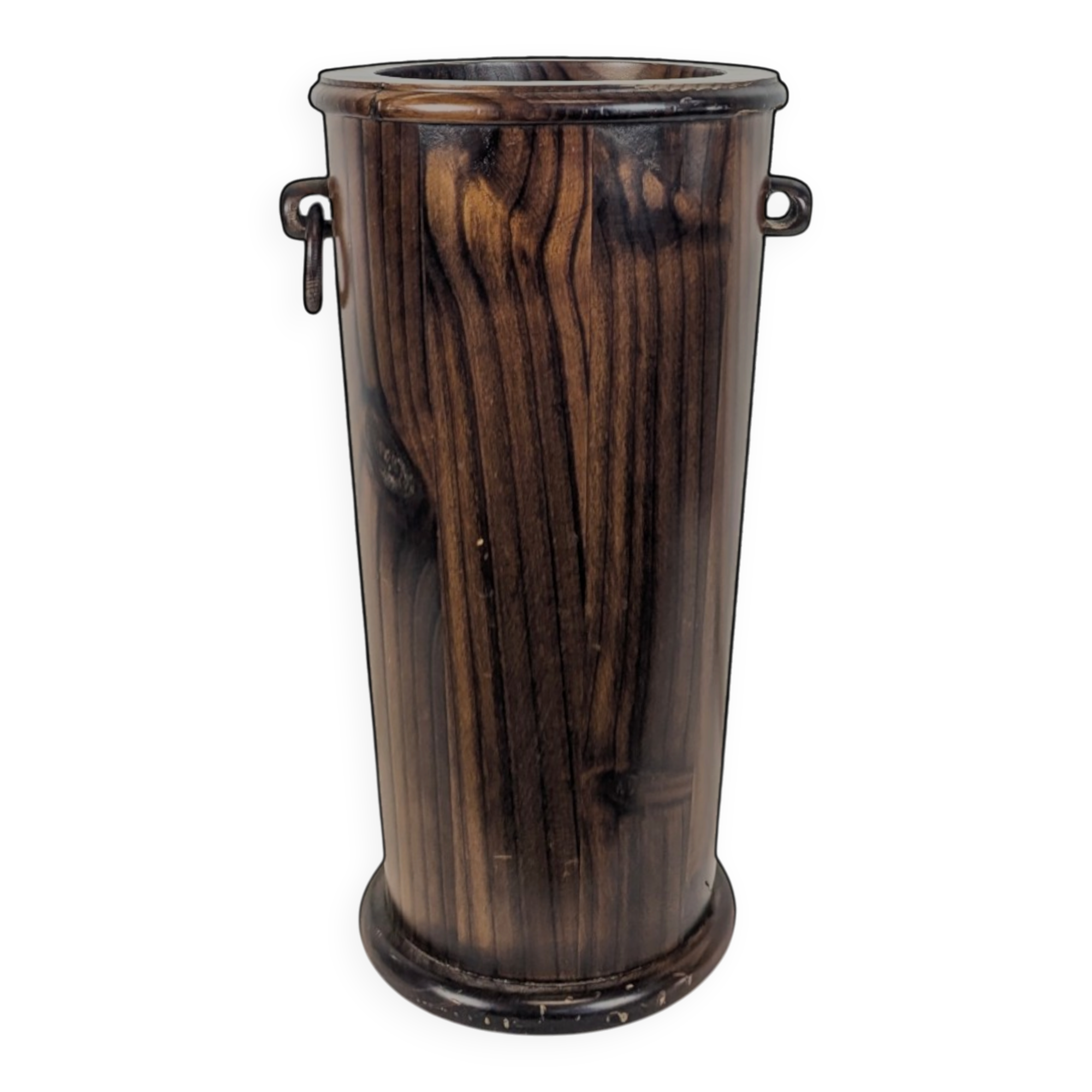 Wooden umbrella stand turned and patinated with iron rings