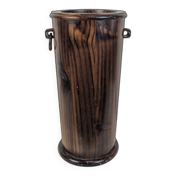 Wooden umbrella stand turned and patinated with iron rings