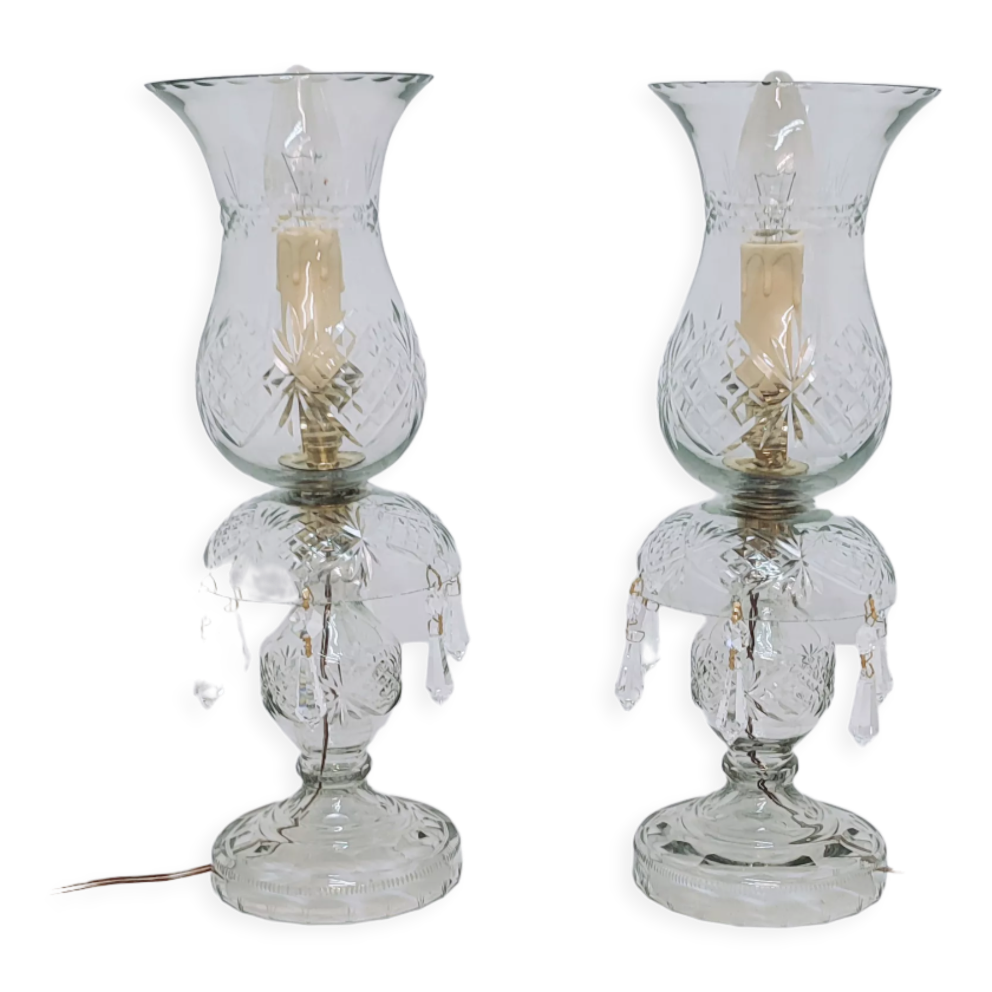 Pair of cut glass table lamps, France, 1950s