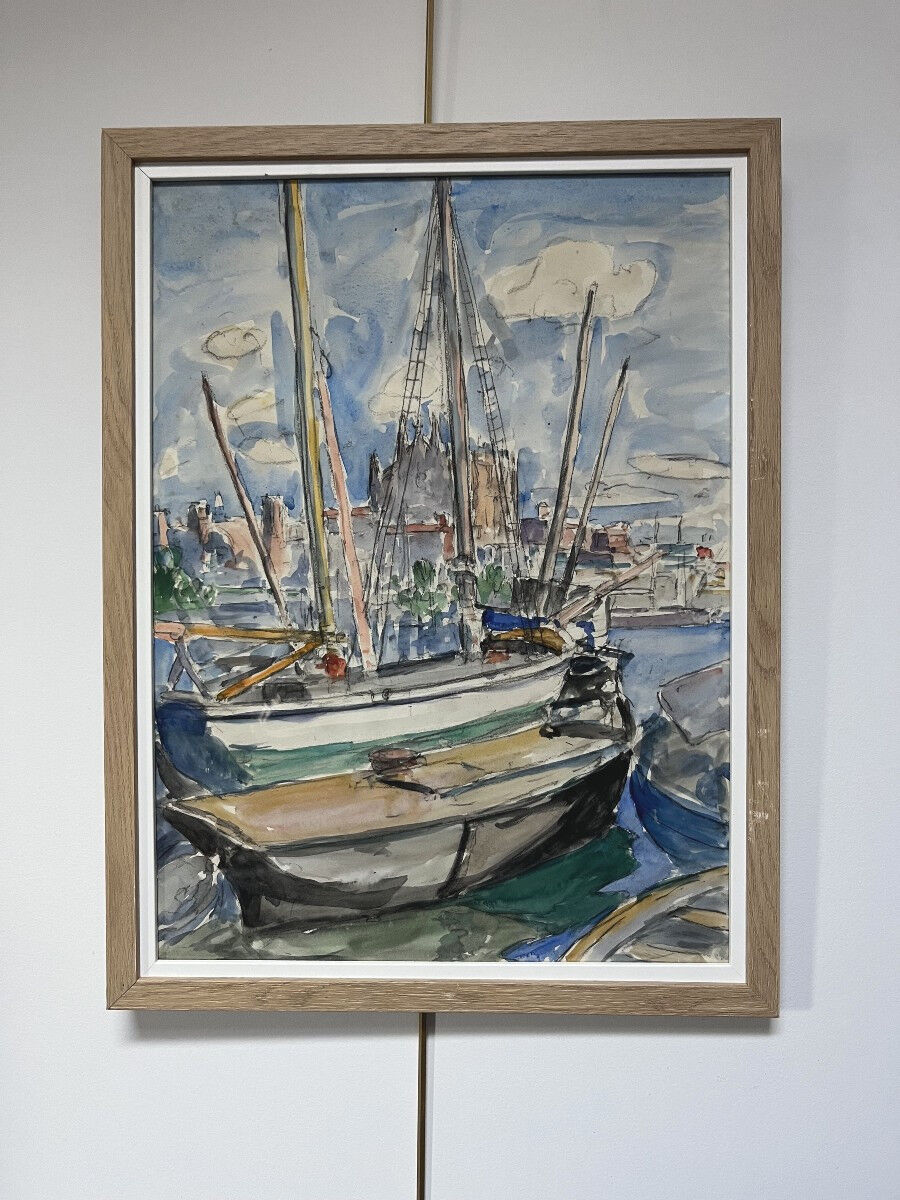 French School of the 20th Century, Sailboats in the Port of La Palma, Watercolour