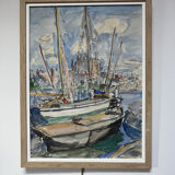 French School of the 20th Century, Sailboats in the Port of La Palma, Watercolour