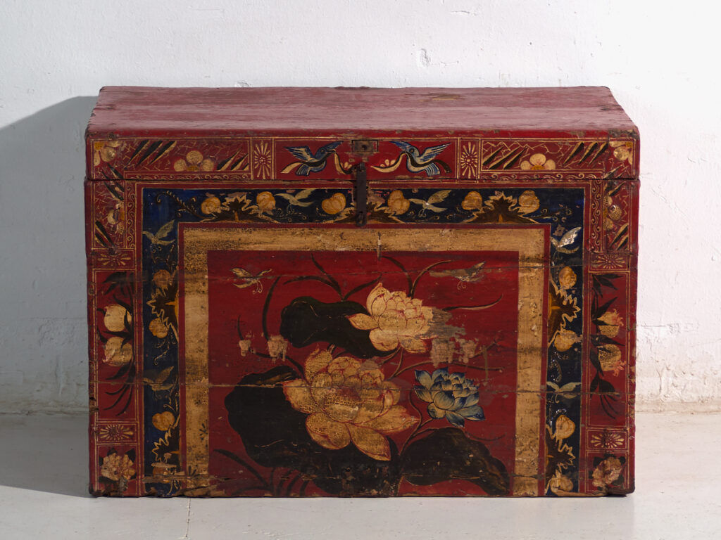 Antique chest painted vermilion red made of pine – China, circa 1900