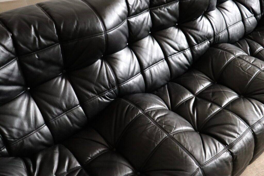 Kashima three seater sofa in black leather by Michel Ducaroy for Ligne Roset, 1970s