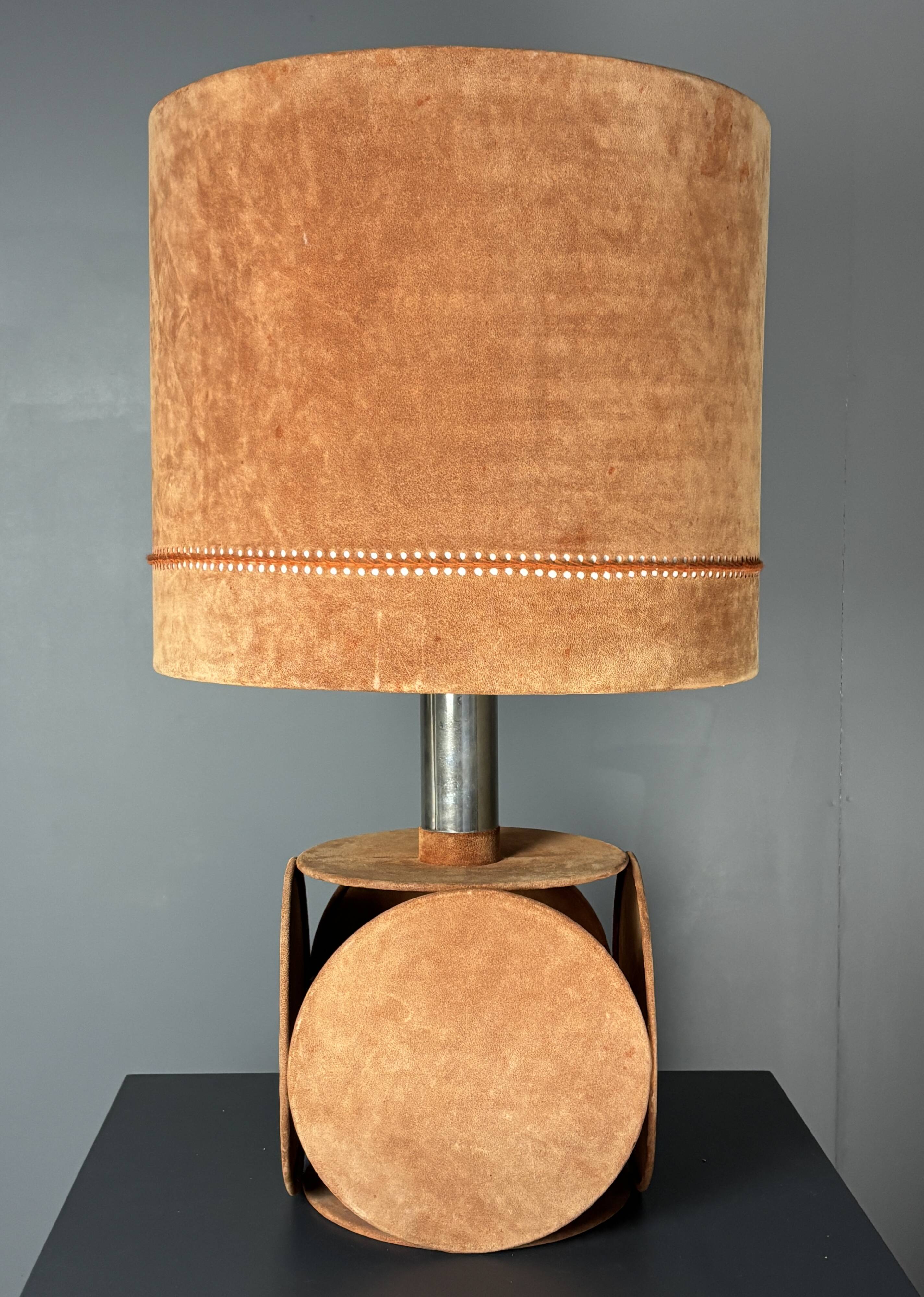 Midcentury XL ( 82 cm ) imposing terracotta suede table lamp. 1970s