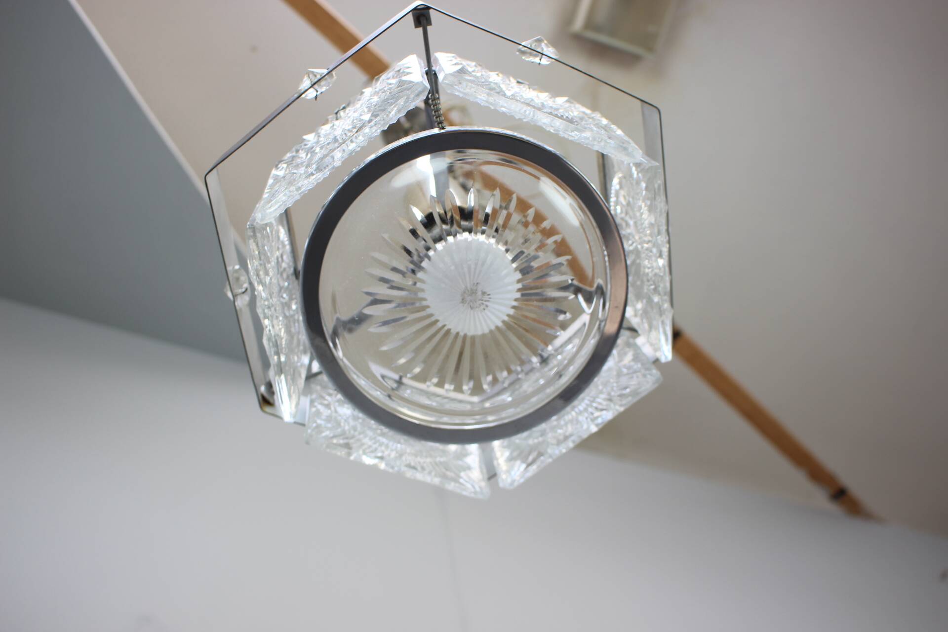 1970s Czechoslovak Kamenický Šenov Cut Glass and Chrome Pendant Light