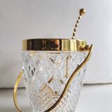 Seau à glace en cristal taillé du milieu du siècle Val Saint Lambert avec détails dorés et cuillère