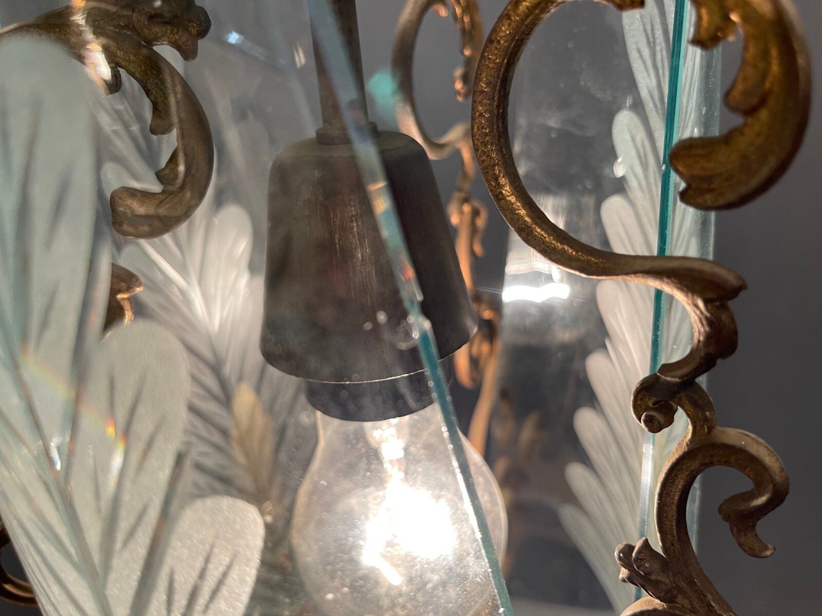 Italian art deco bronze and etched glass pendant lamp