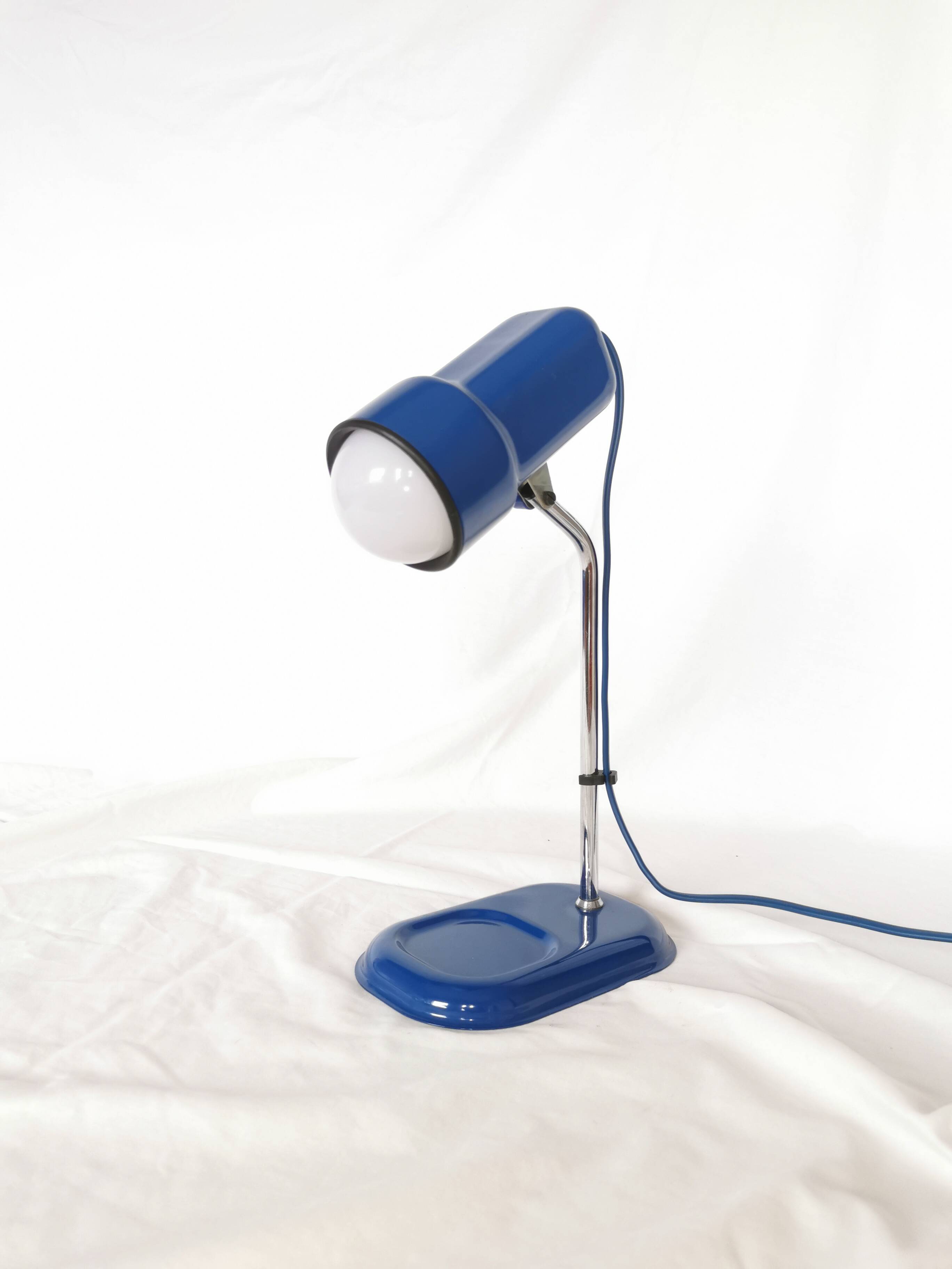 Blue and chrome adjustable spot desk lamp, Vrieland Design, Netherlands, 1970s