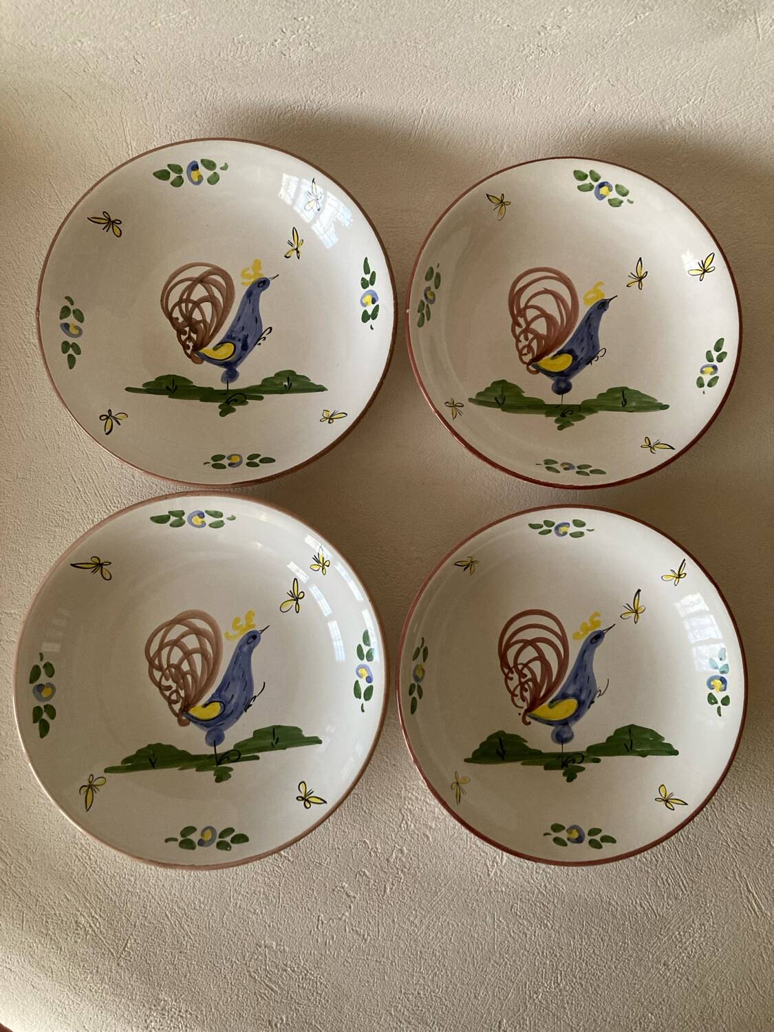 12 soup plates with calottes, Rooster La Rochelle decor, 18th century copy