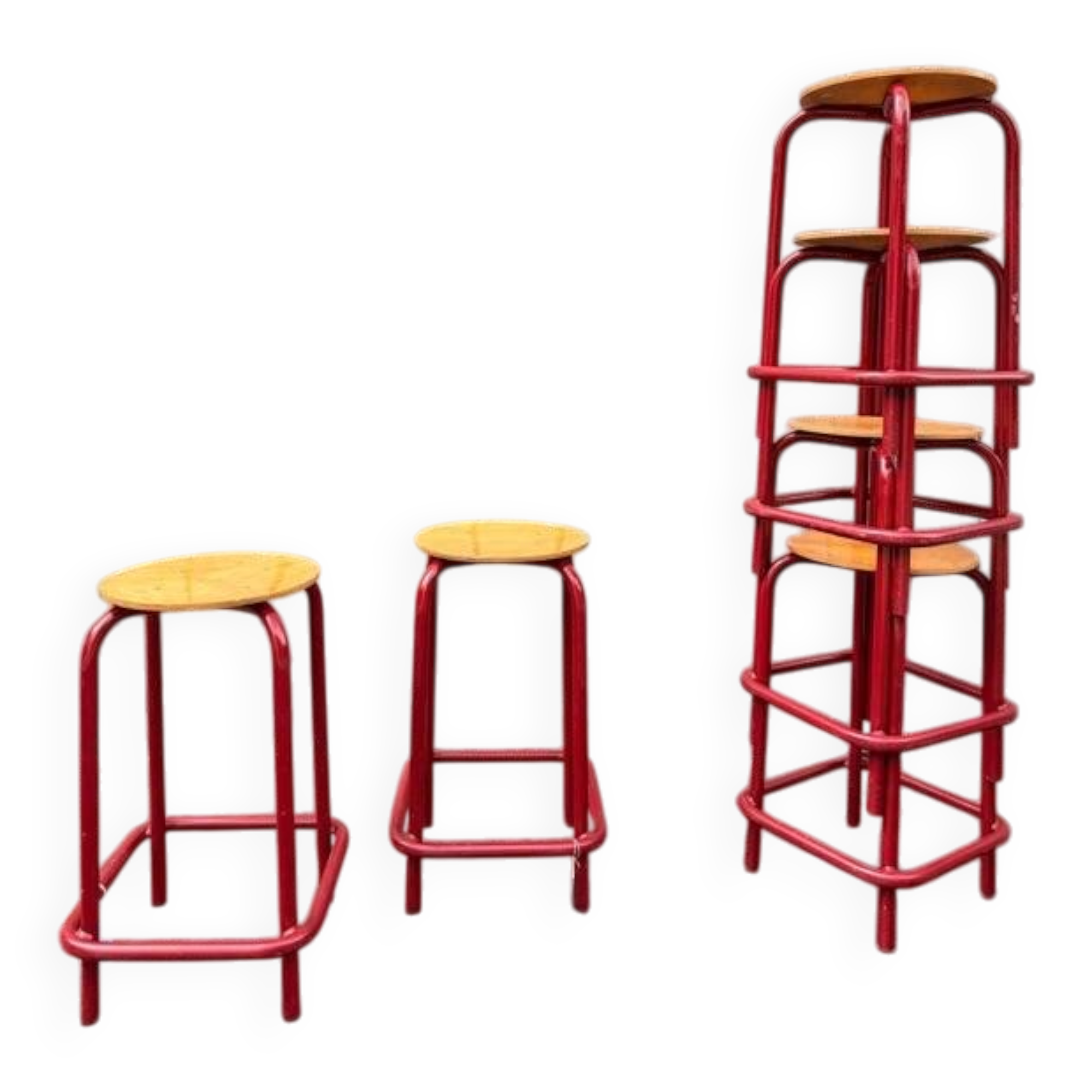 Vintage red industrial stool with a wooden seat, 1960s.