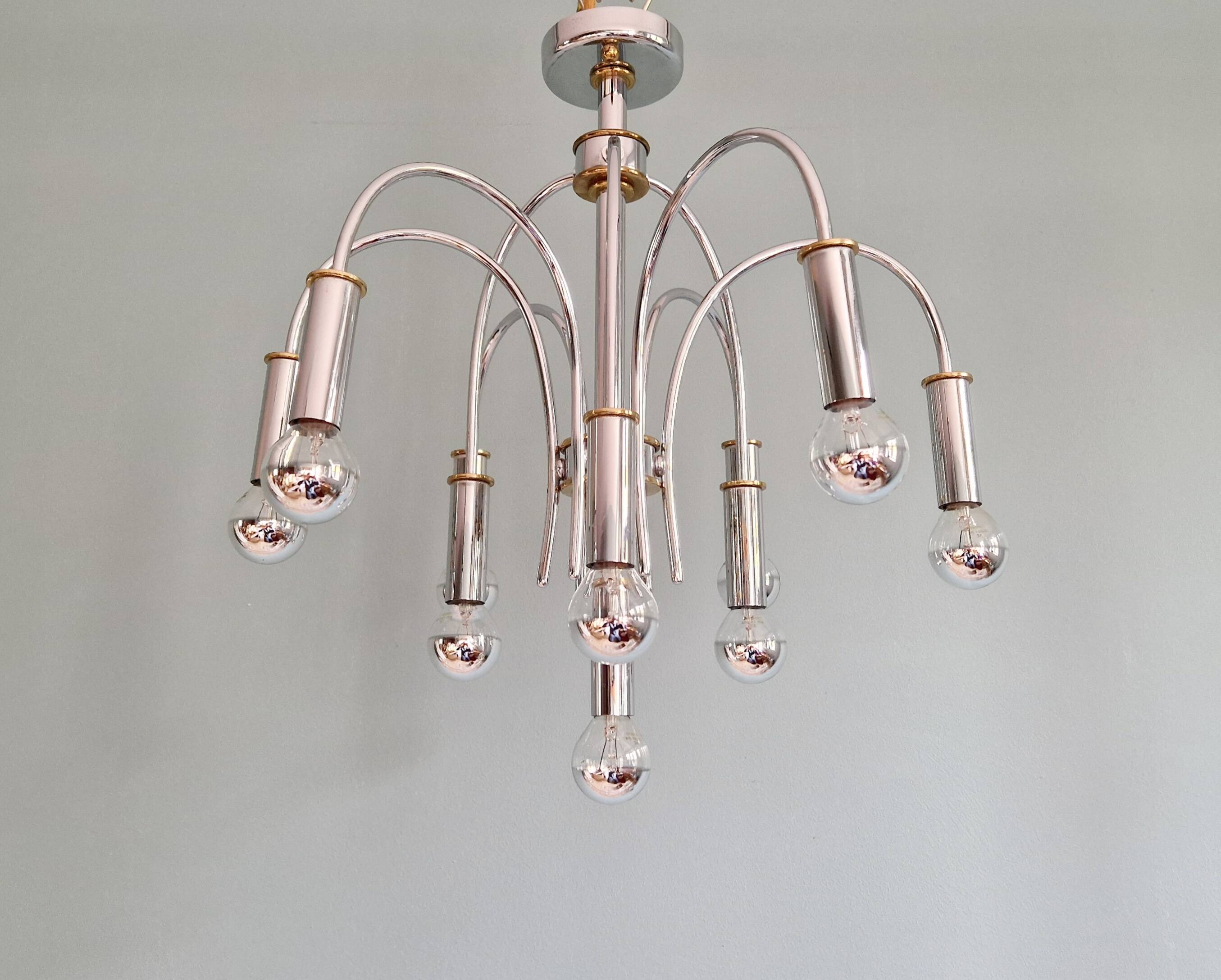 Lustre design en métal chromé et laiton, Schröder & Co, années 70