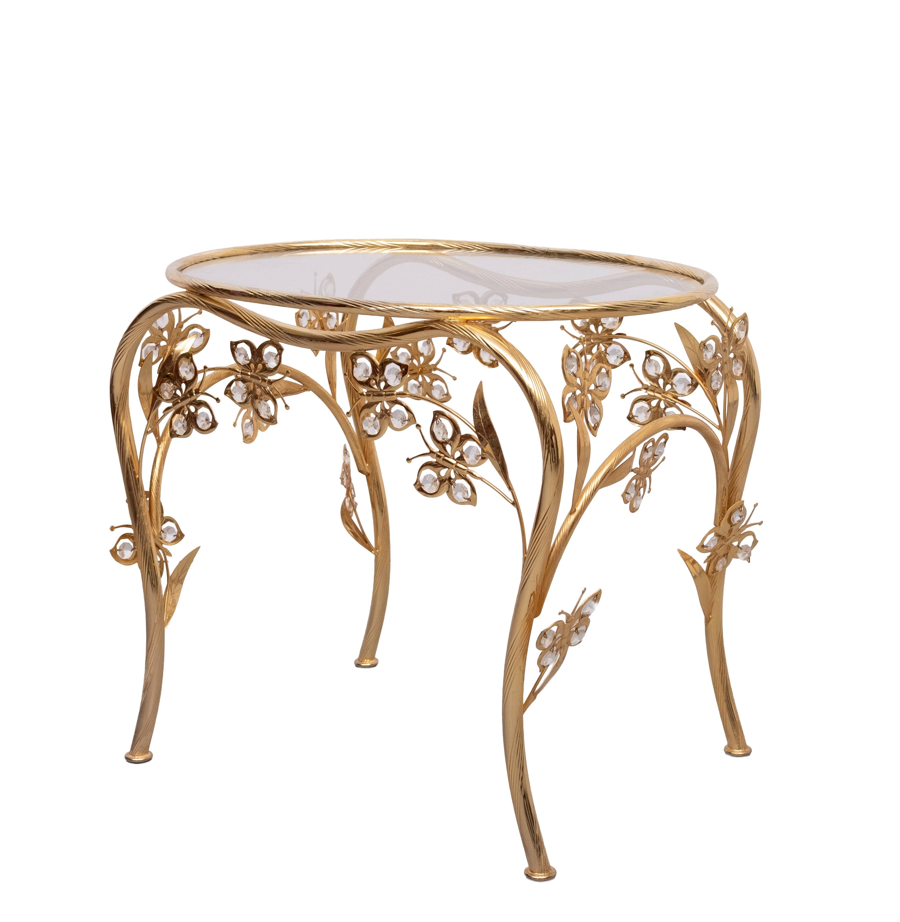 Butterfly brass and Crystal Oval shaped side Table Hollywood Regency 1980s
