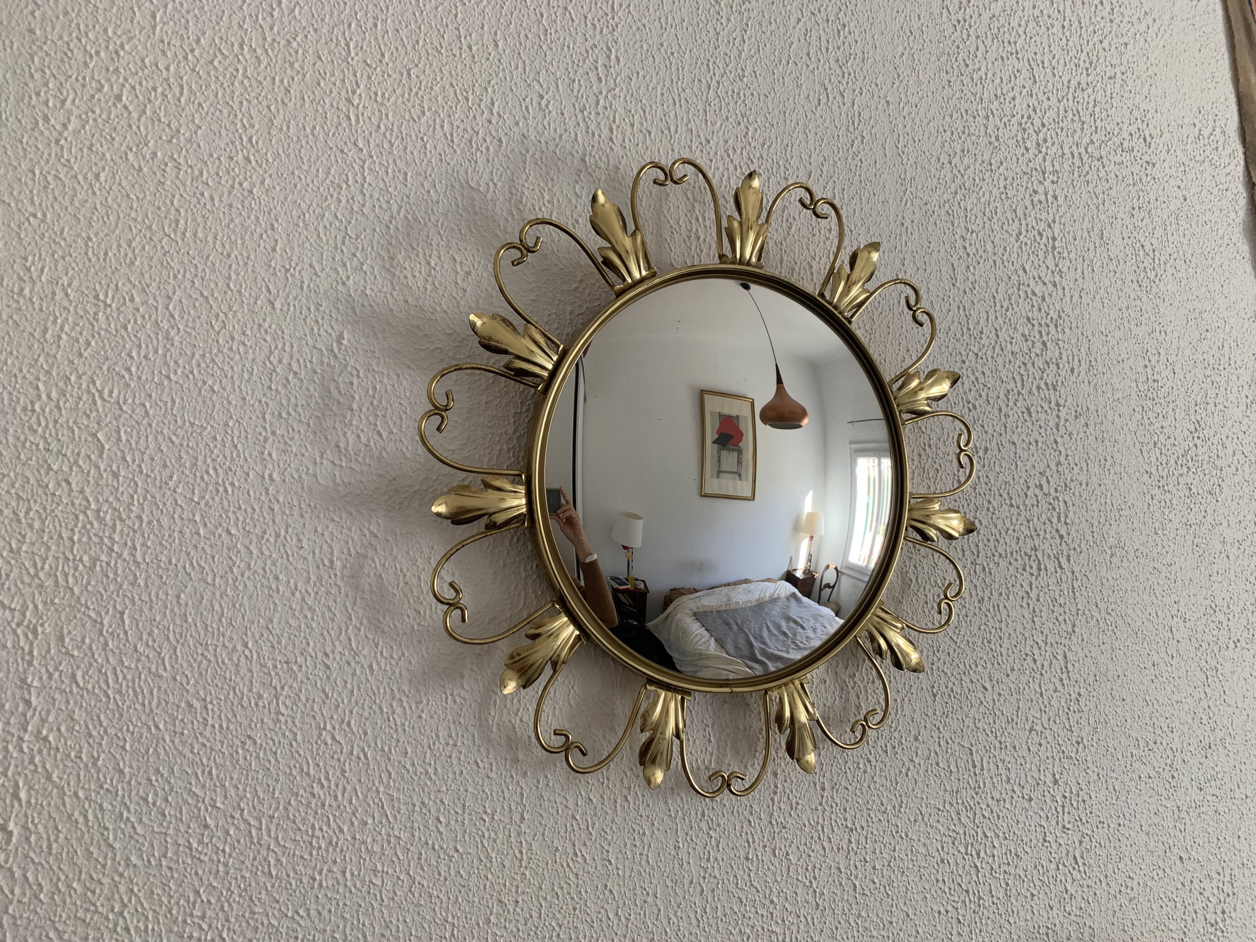 Vintage 1960s witch's eye sun mirror, domed gold metal - 45 cm