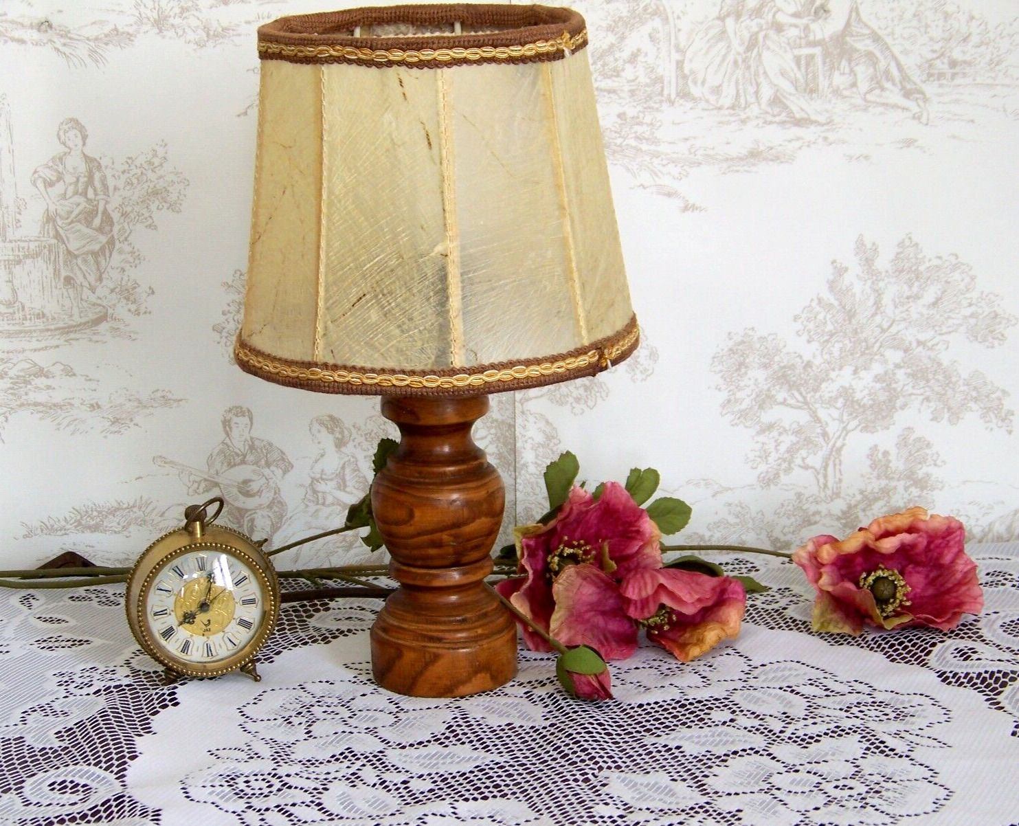 Small French Round Turned Wood Table Lamp With Hand Made Hide Skin Shade 4355