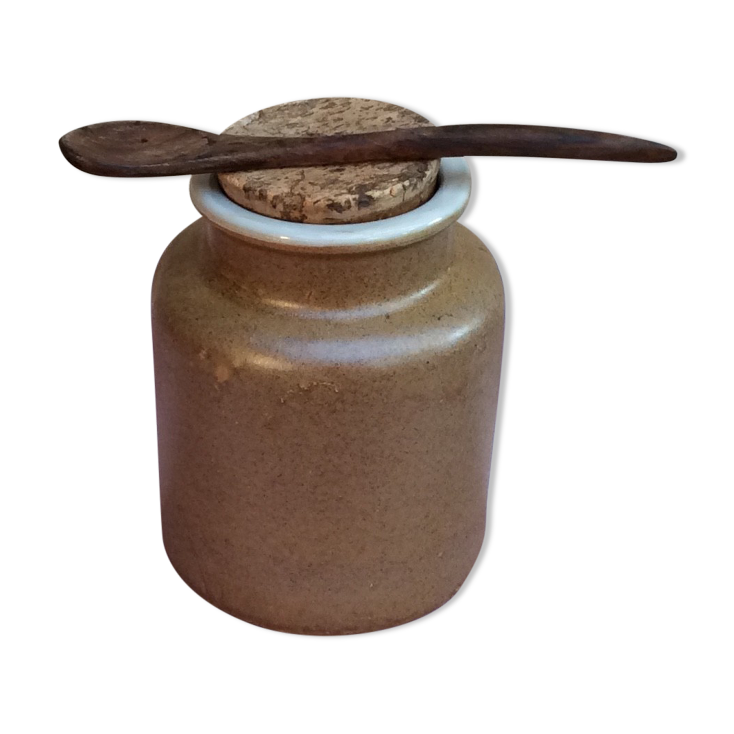Sandstone mustard pot with cork and olive wood spoon - vintage