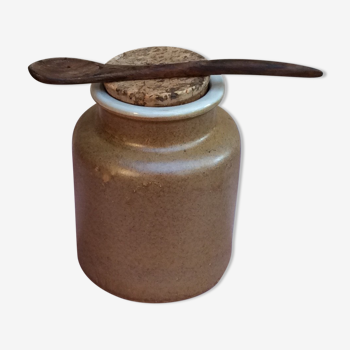 Pot à moutarde en grès avec bouchon liège et cuillère en bois d olivier - vintage