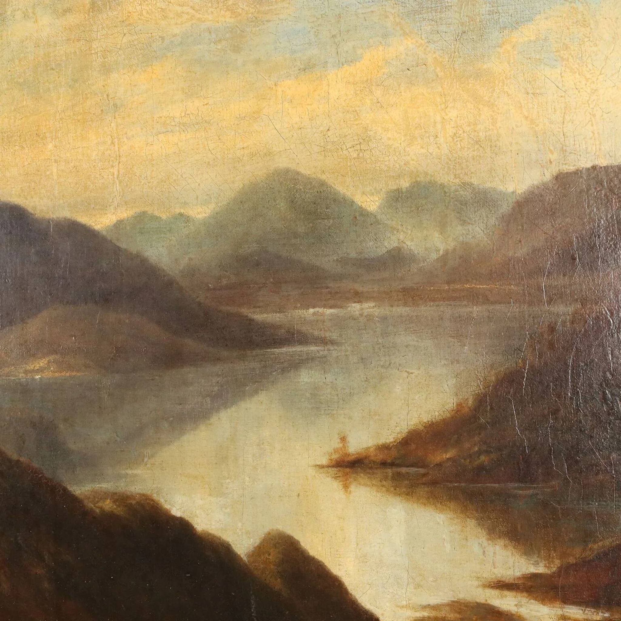 Old painting of a mountain landscape with a lake, oil on canvas 1890