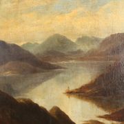 Old painting of a mountain landscape with a lake, oil on canvas 1890
